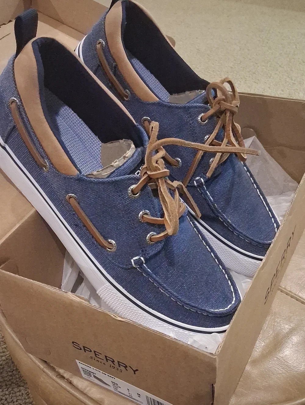Sperry Navy Canvas Boat Shoes with Tan Leather Trim